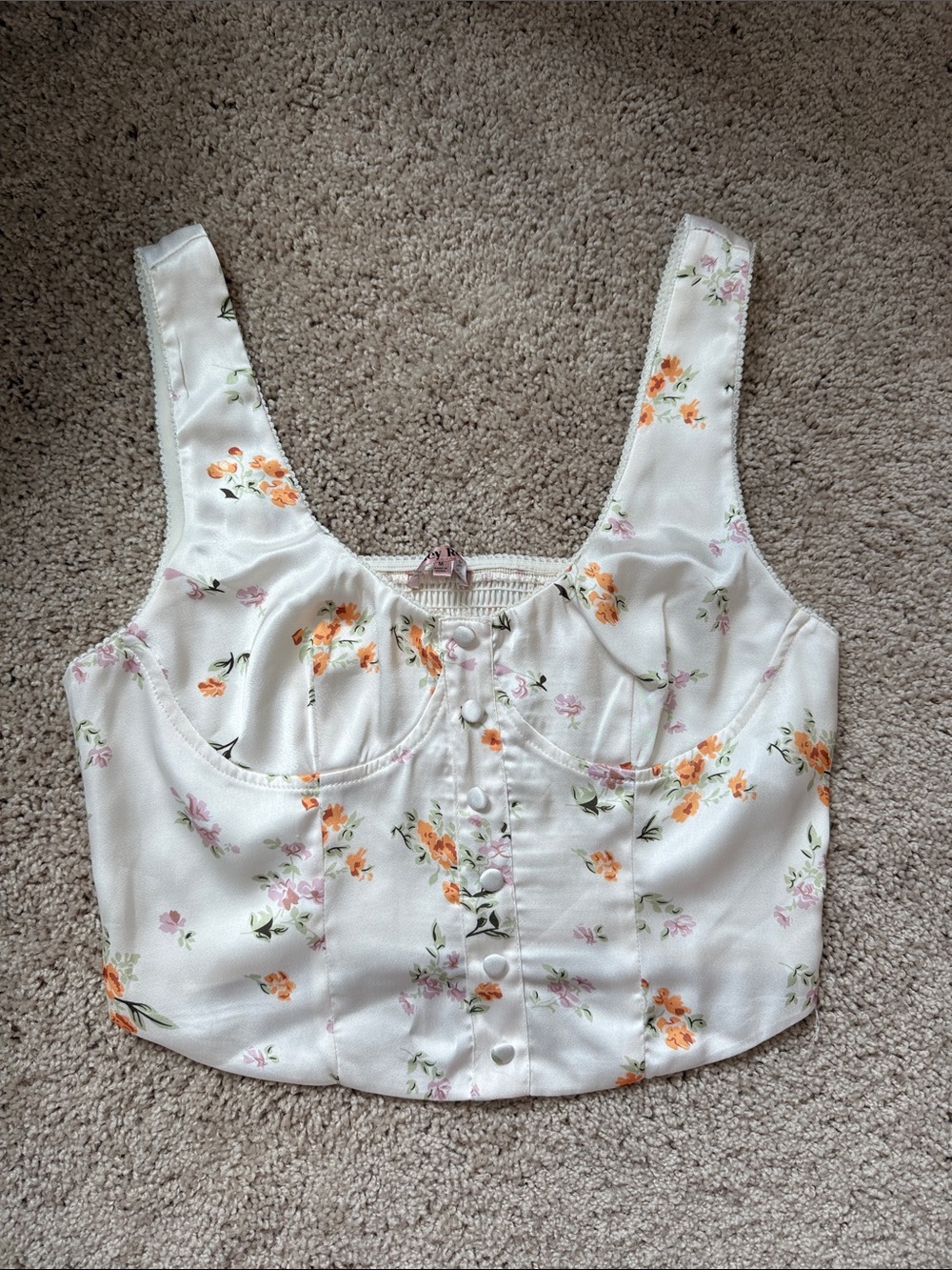 Satin Floral Cropped Tank Top - White with Orange & Pink Flowers